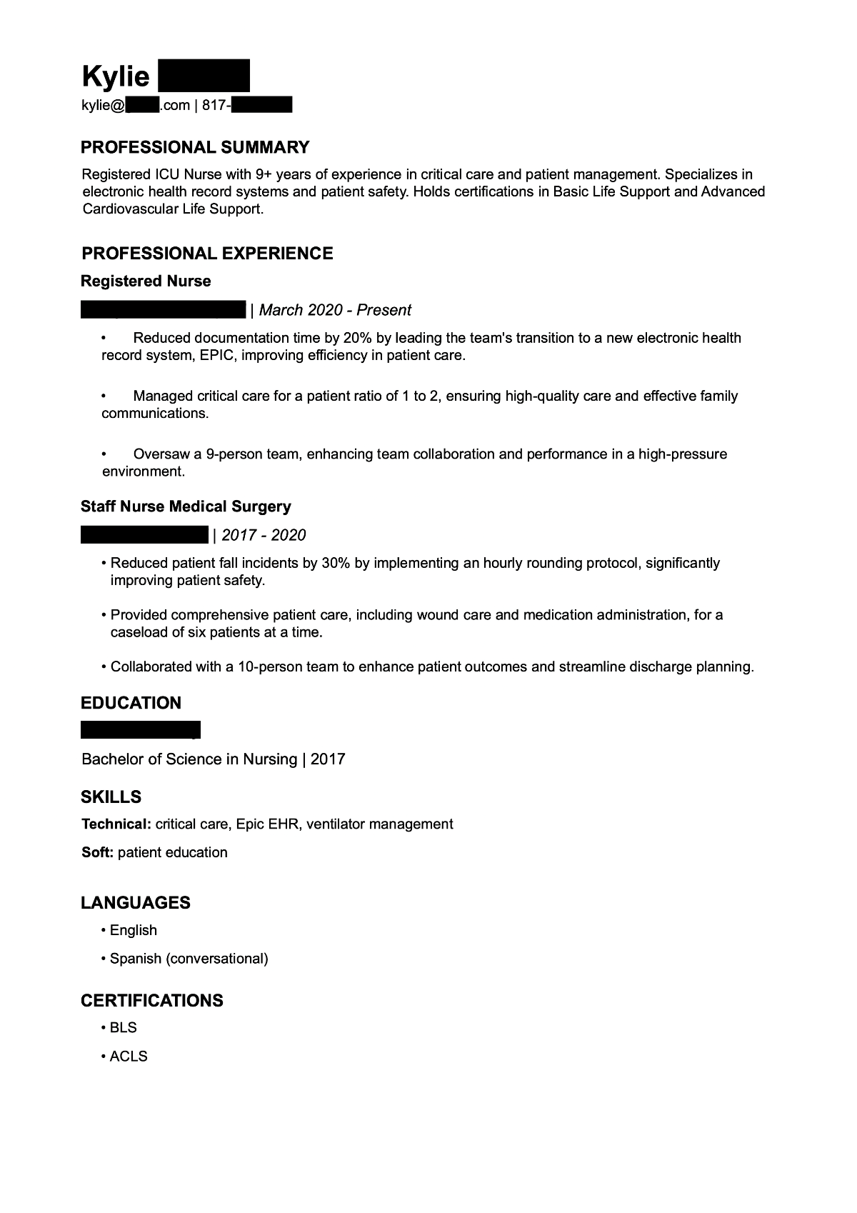 Sample RN resume output